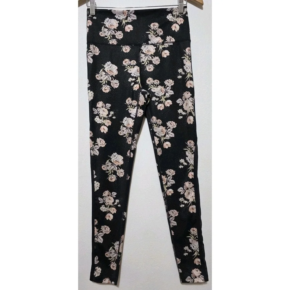 NEW Free People Liza Floral High Rise‎ Active Pants Legging SzS Black Mesh Side